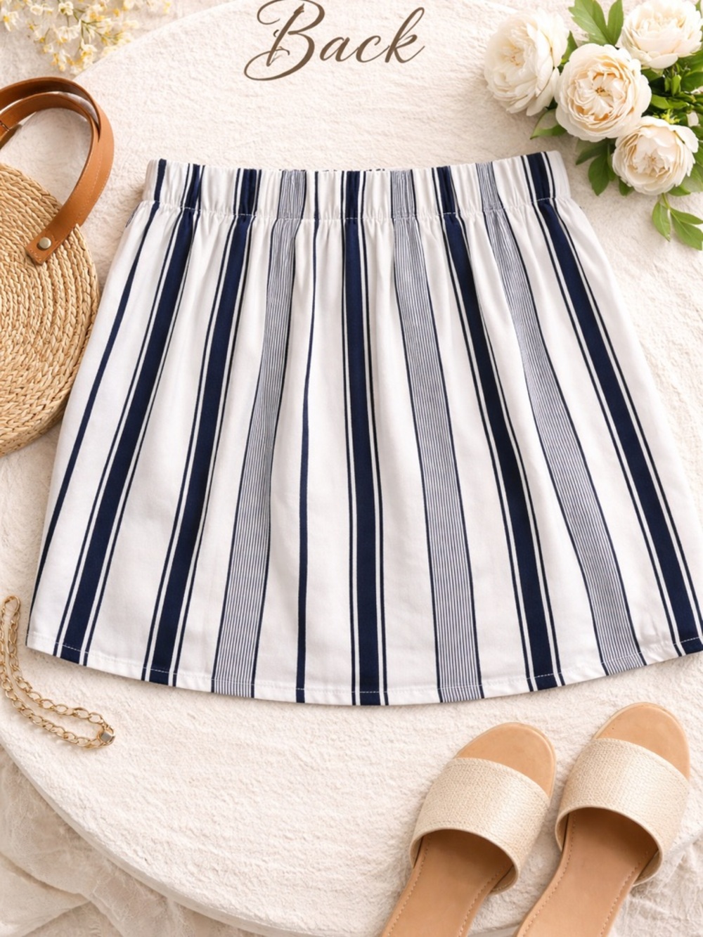 Striped Asymmetrical Tie-Front Skirt - Navy & White - Picture 2 of 3